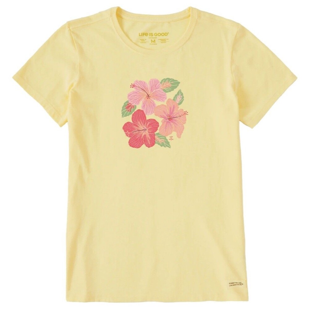 Life is Good Women's Happy Hibiscus Short Sleeve Tee Yellow Sz L Cotton